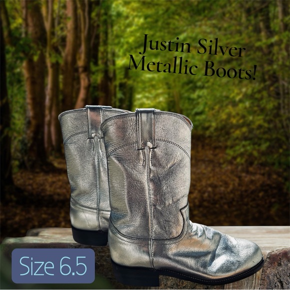 Justin Roper Vintage 1980’s Round Toe Boots Low Heel Metallic Silver Exterior. - Picture 1 of 6